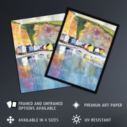 "Artery8 Colourful Quaint Cliffside Beach Chalets Painting Wall Art Print in Blue - Size: W24"" x H32""" - thumbnail 2