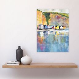"Artery8 Colourful Quaint Cliffside Beach Chalets Painting Wall Art Print in Blue - Size: W24"" x H32""" - thumbnail 4