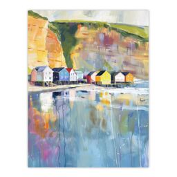 "Artery8 Colourful Quaint Cliffside Beach Chalets Painting Wall Art Print in Blue - Size: W24"" x H32""" - thumbnail 1