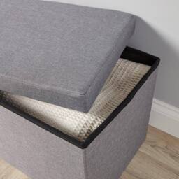 Home Source Large Folding Ottoman Grey Linen Fabric Chest Sturdy Storage - thumbnail 2