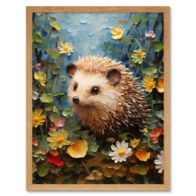 "Artery8 Wall Art Print Hedgehog Wildflower Meadow Thick Paint Oil Painting Kids Bedroom Cute Woodland Creature Art Framed - Size: W12"" x H16""" - image 1