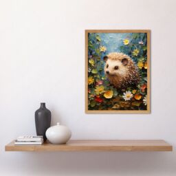 "Artery8 Wall Art Print Hedgehog Wildflower Meadow Thick Paint Oil Painting Kids Bedroom Cute Woodland Creature Art Framed - Size: W12"" x H16""" - thumbnail 2