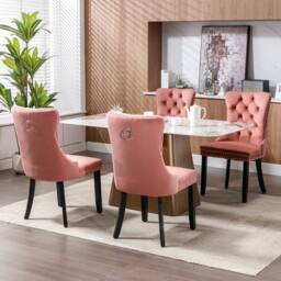 Modern Home Touch Romsey Set of 4 Velvet Upholstered Dining Chairs with Oak Legs & Knocker Ring Back in Pink - Size: 4 Pack - thumbnail 2