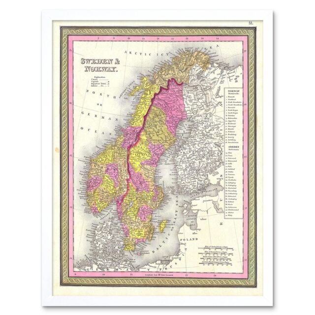 "Artery8 Wall Art Print 1850 Mitchell Vintage Map Scandinavia Colour Coding Sweden & Norway Art Framed in White - Size: W12"" x H16""" - image 1