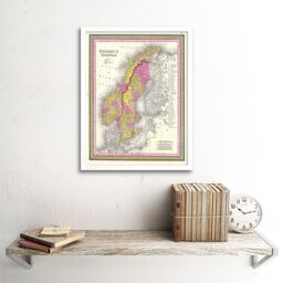 "Artery8 Wall Art Print 1850 Mitchell Vintage Map Scandinavia Colour Coding Sweden & Norway Art Framed in White - Size: W12"" x H16""" - thumbnail 2