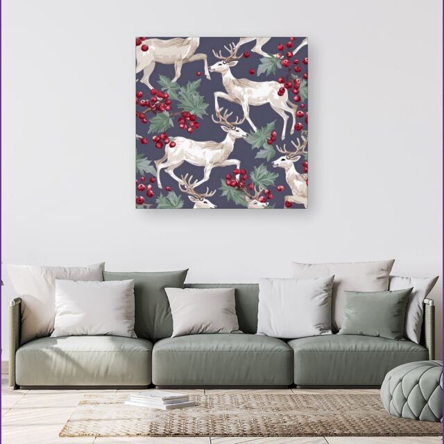 Warren Reed - Designer Reindeers & Holly Canvas - Size: w40 inch x h40 inch - image 1