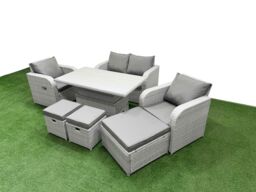 Fimous Light Grey PE Wicker Rattan Garden Furniture Set Sofa Set Reclining Chair Adjustable Lifting Dining or Coffee Table 7 Seater 3 Stools - thumbnail 2