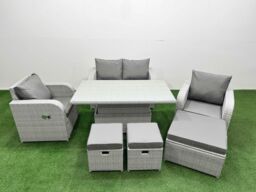 Fimous Light Grey PE Wicker Rattan Garden Furniture Set Sofa Set Reclining Chair Adjustable Lifting Dining or Coffee Table 7 Seater 3 Stools - thumbnail 1