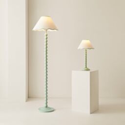 ValueLights Bobbins Sage Green Table Lamp with Tapered Natural Linen Scallop Shade with Bulb in Pale Green - thumbnail 6