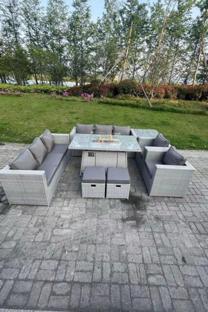 Fimous Rattan Fire Pit Garden Furniture Set Gas Heater Burner Lounge Sofa Dining Set Coffee Table Chairs in Light Grey - image 1