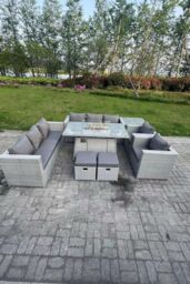 Fimous Rattan Fire Pit Garden Furniture Set Gas Heater Burner Lounge Sofa Dining Set Coffee Table Chairs in Light Grey - thumbnail 1