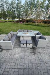 Fimous Rattan Fire Pit Garden Furniture Set Gas Heater Burner Lounge Sofa Dining Set Coffee Table Chairs in Light Grey - thumbnail 3