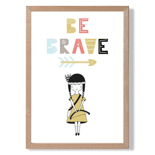 ARTZE Cute Colourful Be Brave Little Scandi Quote Framed Print SIZE: A2 with Oak Frame in Pale Blue - Size: A4 - image 1