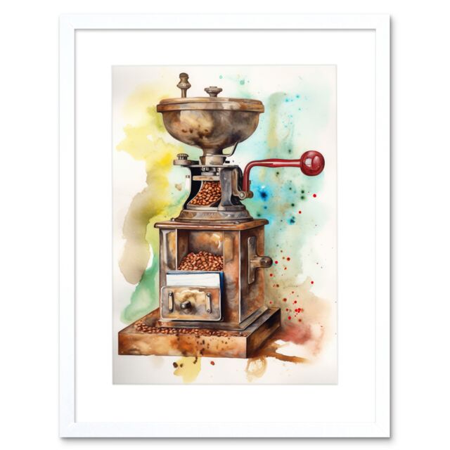 "Artery8 Wall Art Print Vintage Coffee Grinder Modern Watercolour Painting Modern Watercolour Painting Artwork Framed 9X7 Inch - Size: W7"" x H9""" - image 1