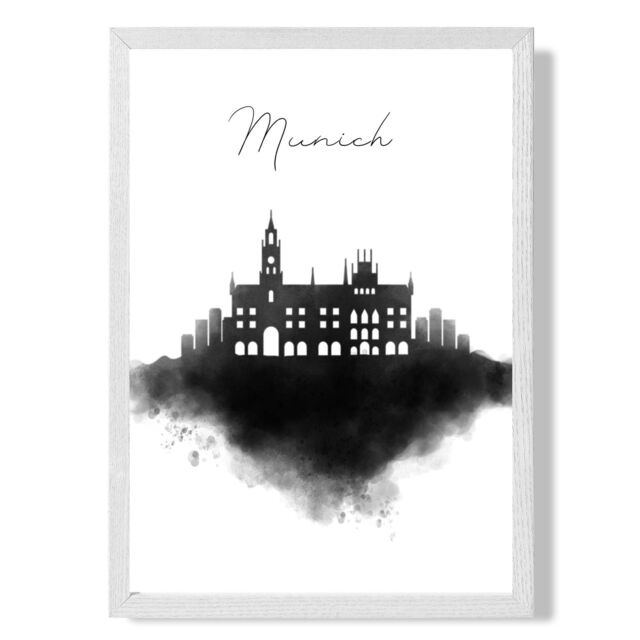 ARTZE Munich Watercolour Skyline City Framed Print SIZE: A4 with White Frame in Black - image 1