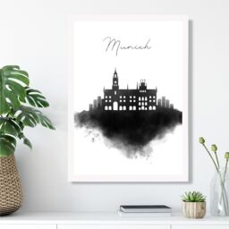 ARTZE Munich Watercolour Skyline City Framed Print SIZE: A4 with White Frame in Black - thumbnail 2