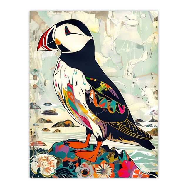 "Artery8 Colourful Patterned Puffin Artwork Mosaic Floral Wall Art Print - Size: W24"" x H32""" - image 1
