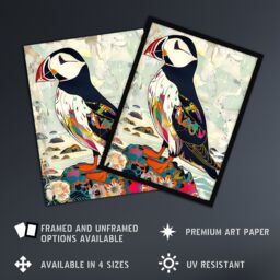 "Artery8 Colourful Patterned Puffin Artwork Mosaic Floral Wall Art Print - Size: W24"" x H32""" - thumbnail 2