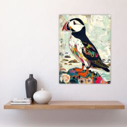 "Artery8 Colourful Patterned Puffin Artwork Mosaic Floral Wall Art Print - Size: W24"" x H32""" - thumbnail 4