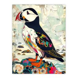 "Artery8 Colourful Patterned Puffin Artwork Mosaic Floral Wall Art Print - Size: W24"" x H32""" - thumbnail 1