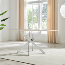 FurnitureboxUK Leonardo 6-Seater Dining Table With Marble Effect Glass Top & Silver Metal Legs in White - thumbnail 3