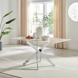 FurnitureboxUK Leonardo 6-Seater Dining Table With Marble Effect Glass Top & Silver Metal Legs in White - thumbnail 2