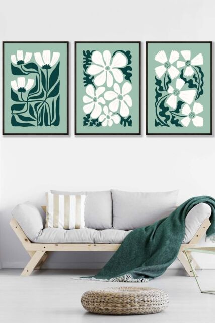 ARTZE Set of 3 Black Framed Green & White Boho Abstract Floral Wall Art - Size: W33 cm x H45 cm x D20mm - image 1