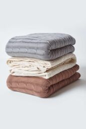 Homescapes Cotton Cable Knit Throw Soft & Cosy Vintage Blanket in Grey - Size: 130 cm x 170 cm - thumbnail 6