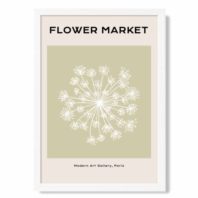 ARTZE Green & Beige Dandelion Flower Market Simplicity Framed Print SIZE: A2 with White Frame - Size: A4 - image 1