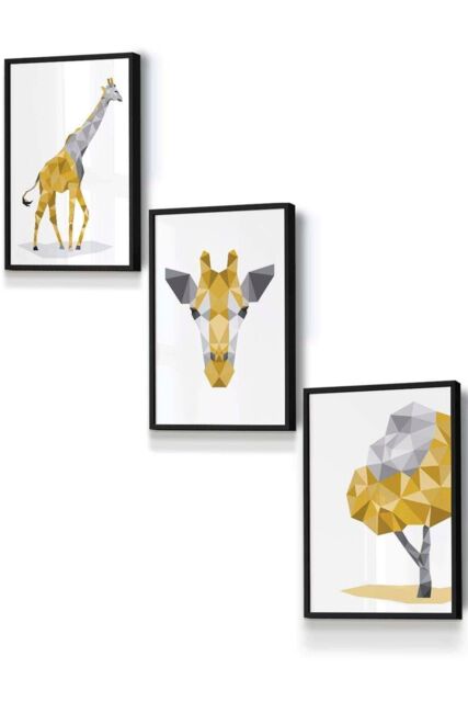ARTZE Geometric Yellow Grey Giraffe Set Framed Wall Art - Small in Black - Size: W33 cm x H45 cm x D20mm - image 1