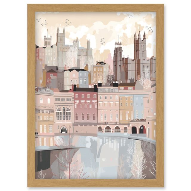 Artery8 Bath Georgian Architecture Pastel Colour Cityscape Artwork Framed Wall Art Print A4 in Light Oak - image 1