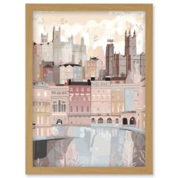 Artery8 Bath Georgian Architecture Pastel Colour Cityscape Artwork Framed Wall Art Print A4 in Light Oak - thumbnail 1
