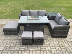 Fimous Garden Patio Furniture Wicker Rattan Gas Fire Pit Table & Sofa Chair set with Side Table 3 Footstools Dark Grey Mixed - thumbnail 3