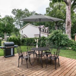 OUTSUNNY 5 PCs Coffee Table Chairs Outdoor Garden Furniture Set with Hole in Brown - thumbnail 1