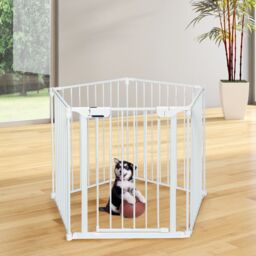 Costway 5 Panel Fireplace Fence Baby Pet Safety Gate Playpen Adjustable Room Divider in White - thumbnail 3
