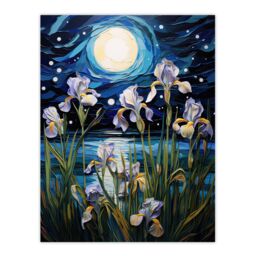 "Artery8 Wall Art Print Ethereal Iris Flower Blooms Fantasy Lake Full Moon Poster Picture in Blue - Size: W18"" x H24""" - thumbnail 1