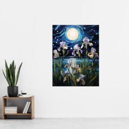 "Artery8 Wall Art Print Ethereal Iris Flower Blooms Fantasy Lake Full Moon Poster Picture in Blue - Size: W18"" x H24""" - thumbnail 4