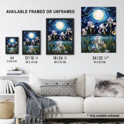 "Artery8 Wall Art Print Ethereal Iris Flower Blooms Fantasy Lake Full Moon Poster Picture in Blue - Size: W18"" x H24""" - thumbnail 3