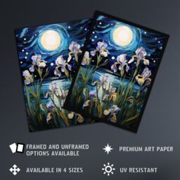 "Artery8 Wall Art Print Ethereal Iris Flower Blooms Fantasy Lake Full Moon Poster Picture in Blue - Size: W18"" x H24""" - thumbnail 2