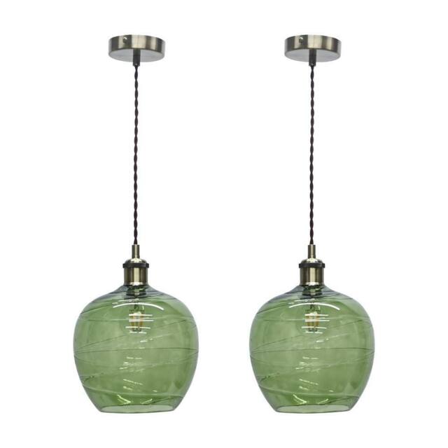 First Choice Lighting Set of 2 Leah - Green Ripple Glass with Antique Brass Pendant Fittings - image 1