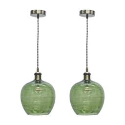 First Choice Lighting Set of 2 Leah - Green Ripple Glass with Antique Brass Pendant Fittings - thumbnail 1