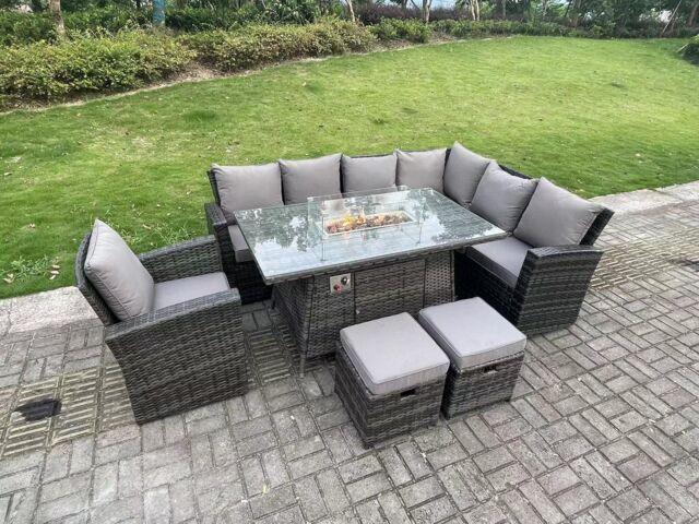 Fimous High Back Rattan Garden Furniture Sets Gas Fire Pit Dining Table Gas Heater Set Corner Sofa 9 Seater in Dark Grey - image 1
