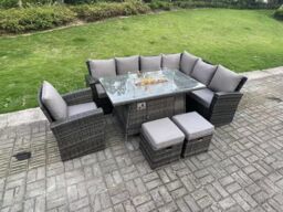Fimous High Back Rattan Garden Furniture Sets Gas Fire Pit Dining Table Gas Heater Set Corner Sofa 9 Seater in Dark Grey - thumbnail 3