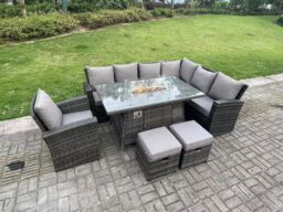 Fimous High Back Rattan Garden Furniture Sets Gas Fire Pit Dining Table Gas Heater Set Corner Sofa 9 Seater in Dark Grey - thumbnail 1