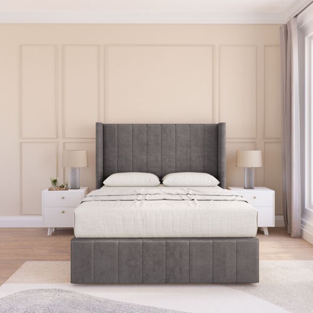 "Sloomy Melbourne Naples Wingback Bed Set, No Drawers & 54"" Floor Standing Headboard in Dark Grey - Size: Double" - image 1