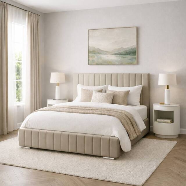 Desire Deco Plush Velvet Platinum Upholstered Bed Frame, All Sizes in Light Beige - Size: Small Double - image 1