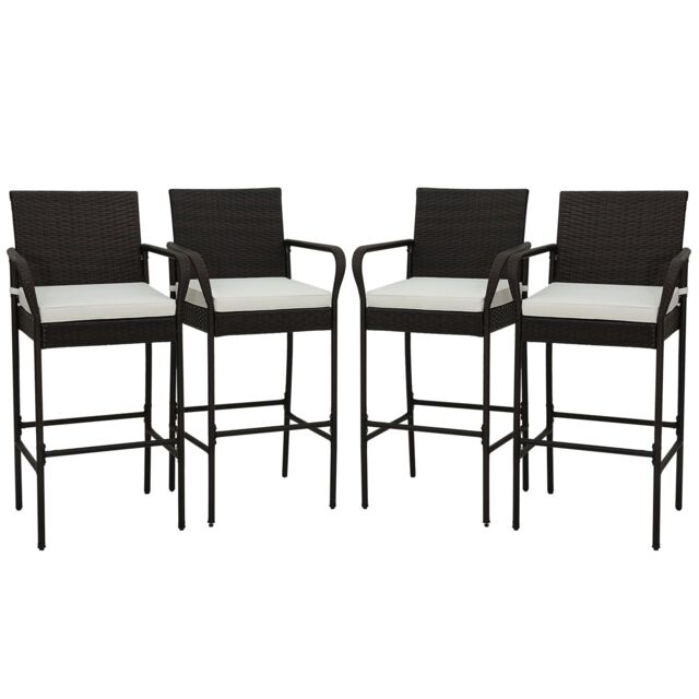 Gymax Set of 4 Patio Wicker Barstools Outdoor Armchairs With Soft Cushions in Dark Brown - Size: 4 Pack