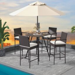 Gymax Set of 4 Patio Wicker Barstools Outdoor Armchairs With Soft Cushions in Dark Brown - Size: 4 Pack - thumbnail 8