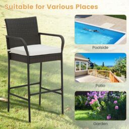 Gymax Set of 4 Patio Wicker Barstools Outdoor Armchairs With Soft Cushions in Dark Brown - Size: 4 Pack - thumbnail 2