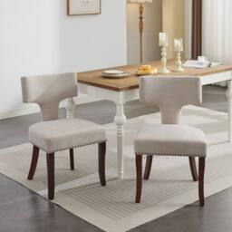 HomeTouch Milton Set of 2 Farmhouse Dining Chairs with T-Shape Back Linen Fabric Upholstered Accent Curved Backrest Kitchen Chairs - Size: 2 Pack
